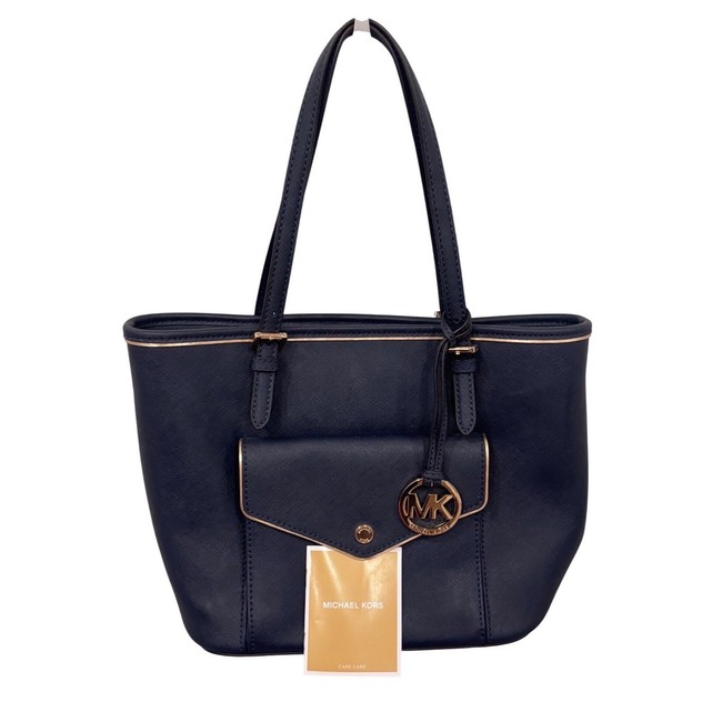 bag Michael Kors Dark Navy Blue Saffiano Leather Tote Gold Hardware MK Charm Pocket eBay $89