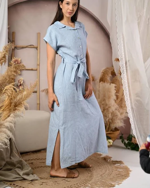 shirt dress Minimalist Linen Button Front Dress with Side Slits Etsy - Seller $169