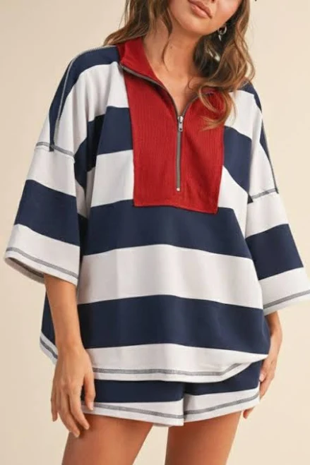 matching set Miss Match Group Inc. Waitlist 6/5 Stripe Print Short Sleeve Top and High Waist Shorts Miss Match $140