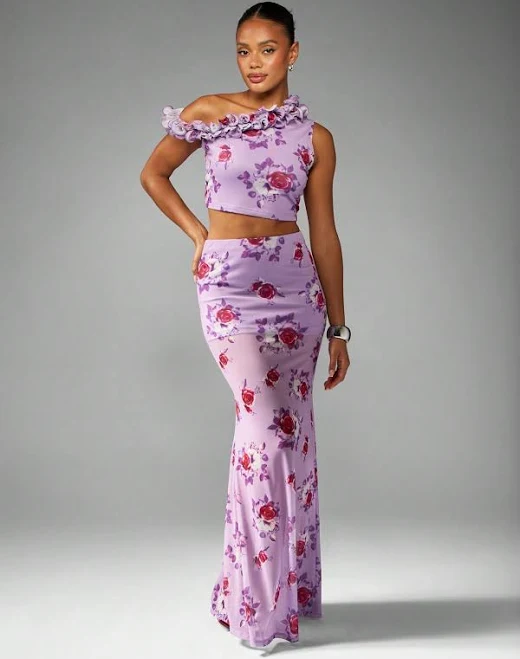 matching set Missguided Off Shoulder Floral Ruffle Two Piece Outfit missguided $18.64