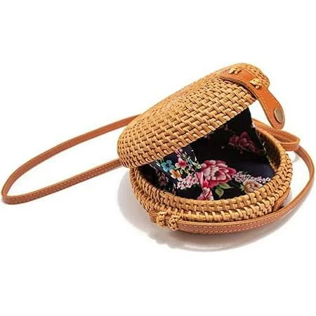 bag Namzi Handwoven Circle Rattan Straw Crossbody Bag with Leather Strap Walmart - HUHUSW $20.99