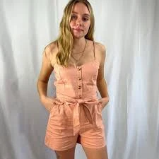 romper New! Pink belted linen blend romper with adjustable straps smocked top Poshmark $44