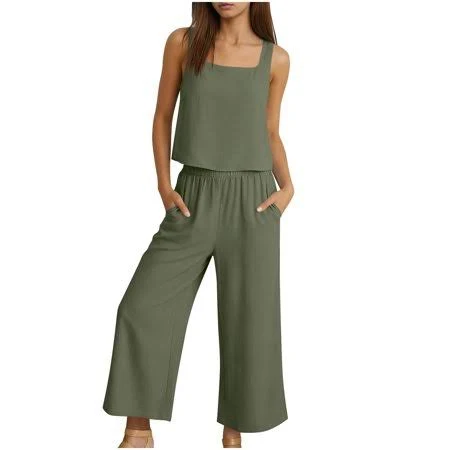 matching set NINADA Summer 2 Piece Outfits for Womens Sleeveless Square Neck Tanks Cotton Linen Sets Cropped Spaghetti Vest Straight Wide Leg Pants Stretchy Waist Walmart - NINADA $15.65