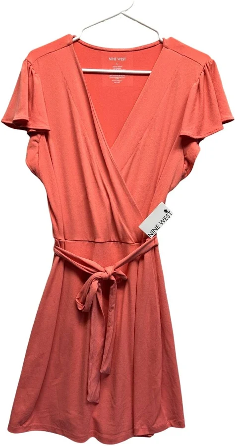 dress Nine West Coral Faux Wrap Dress Flutter Sleeves Tie Waist Size L eBay - dodylikejody $24.64