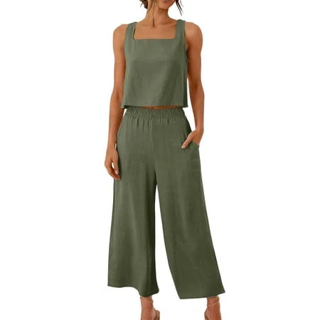 matching set Nmmued Women's Casual Cotton Linen Two Piece Outfit Sleeveless Square Neck Crop Tank Top and Wide Leg Cropped Pants Set Comfy Loose Fit Summer Walmart - NMMUED $26.99