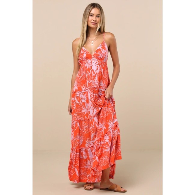 dress NWT Roxy Warm Rays Coral Tropical Print Tiered Tie-Back Maxi Dress S eBay $50