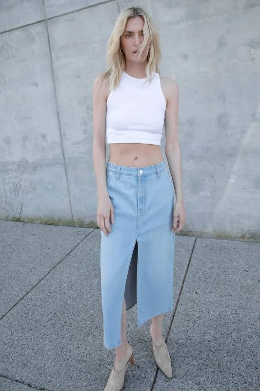 skirt Oak + Fort Bleached Denim Midi Skirt with Front Slit Oak and Fort US $19.99