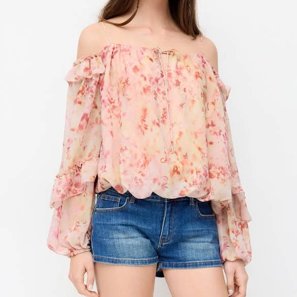 top Off-Shoulder Ruffled Chiffon Blouse Cider $44.9