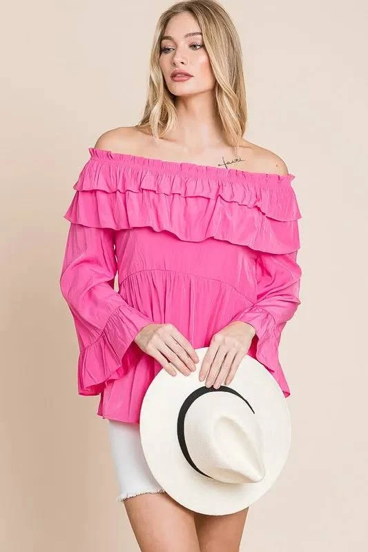 off-shoulder top Off-The-Shoulder Ruffled Trumpet Sleeve Top Charming Charlie $45.6