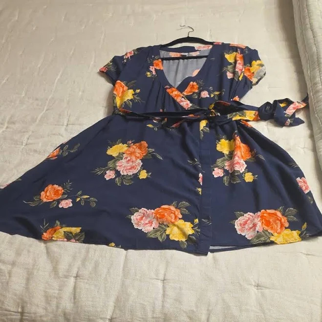 dress Old Navy Dresses | Old Navy Navy Floral Wrap Midi Dress With Yellow & Orange Blooms Viscose Xl | Color: Blue/Yellow | Size: Xl | Aaley579's Closet Poshmark $25