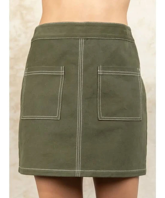 mini skirt Olive Grove Contrast-Stitch Mini Skirt – Patch Pockets | Olive Green L Copper & Lace Western $32