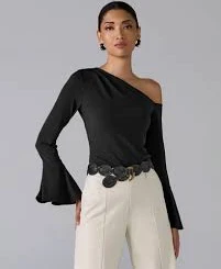 one shoulder top One Shoulder Draped Knit Top Black Boston Proper $60