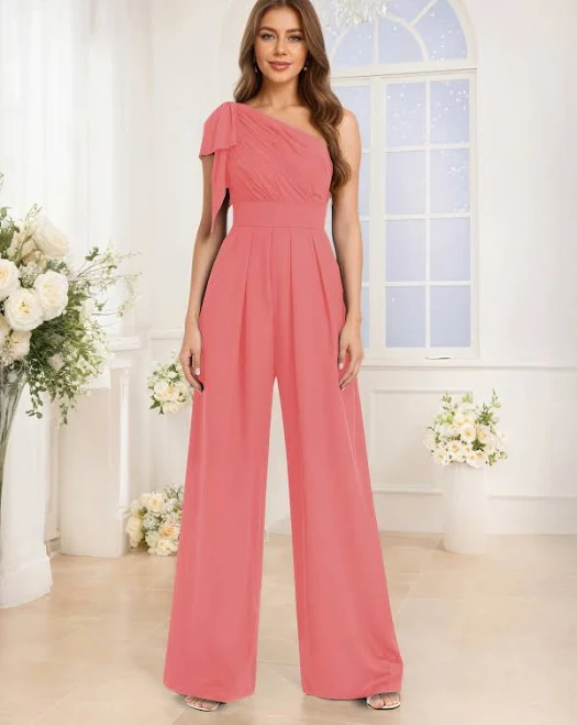 jumpsuit One Shoulder Pleated Chiffon Jumpsuit Pomuyoo $89