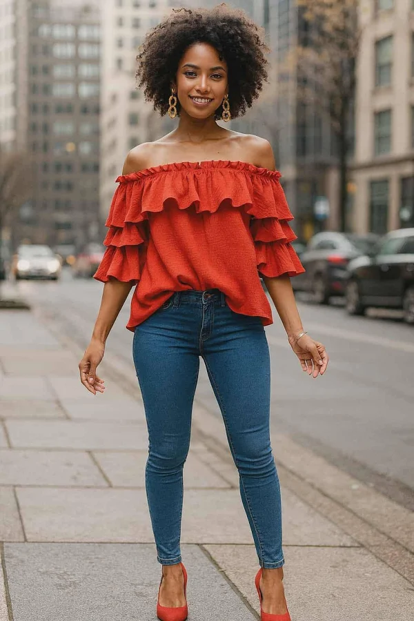 off-shoulder top Orange Red Off-Shoulder Gauze Ruffle Blouse | Petunias of Naples LARGE Petuniasofnaples $69.99