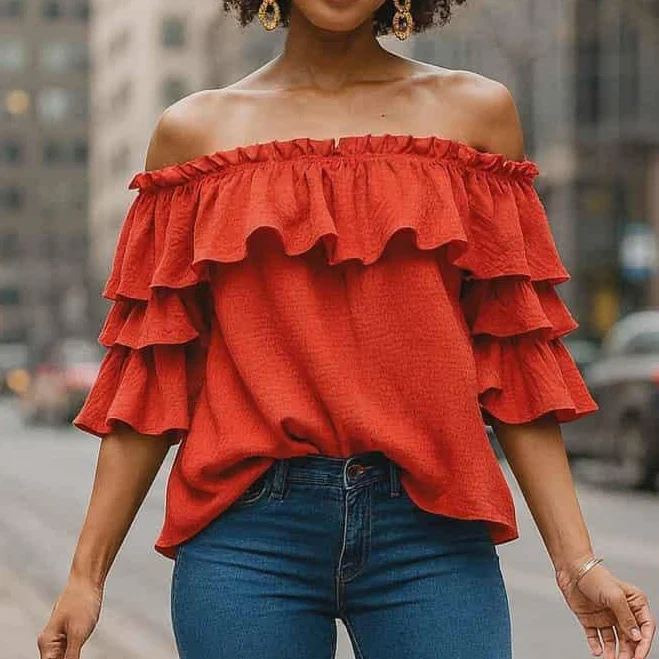 top Petunias of Naples Off-Shoulder Gauze Ruffle Blouse Petuniasofnaples $69.99