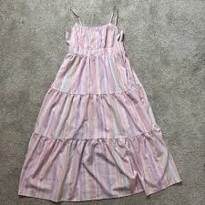 dress Pink Pastel Water Color Striped Maxi Sun Dress, Spaghetti Straps, Tiered, S eBay $15