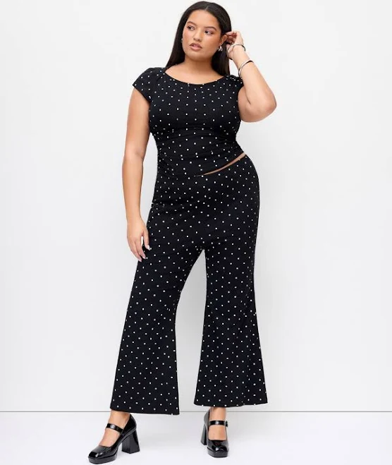 matching set Polka Dot Jersey Cotton-Blend Boat Neck Crop Top and Mid Rise Flared Trousers Cider $44.9