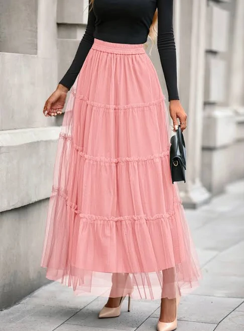maxi skirt Prettygarden Women's High-Waisted Ruffle Flowy Tulle Maxi Skirt PrettyGarden $39.99