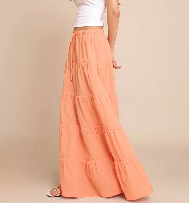 skirt PrettyLittleThing Women's Cotton Tiered Drawstring Waist Maxi Skirt in Peach | Size: 12 Nasty Gal - US $37