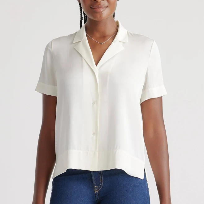 top Quince Women's Washable Stretch Mulberry Silk Short Sleeve Notch Collar Blouse Quince $69.9