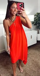 dress Red Coral One Shoulder Asymmetrical Midi Dress Fly Boutique $52