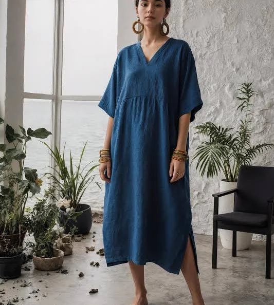 dress Relaxed Fit Linen V-Neck Dress with Side Seam Slits and Deep Pockets Etsy - ModernMoveBoutique $56.64