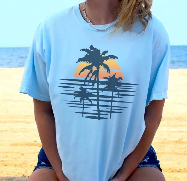t-shirt Retro Palm Tree Sunset TShirt, Tropical Beach Tee Etsy - KidForLifeDesigns $17.5