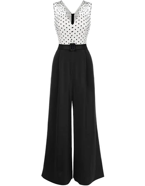 jumpsuit Retro Stage Polka Dot V-Neck Belted Wide Leg Jumpsuit Retro Stage $36.99