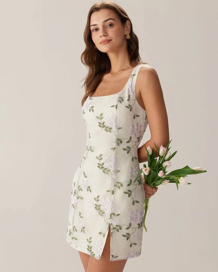 dress Rihoas Floral Embroidered Square Neck Sleeveless Slit A Line Mini Dress Rihoas $40