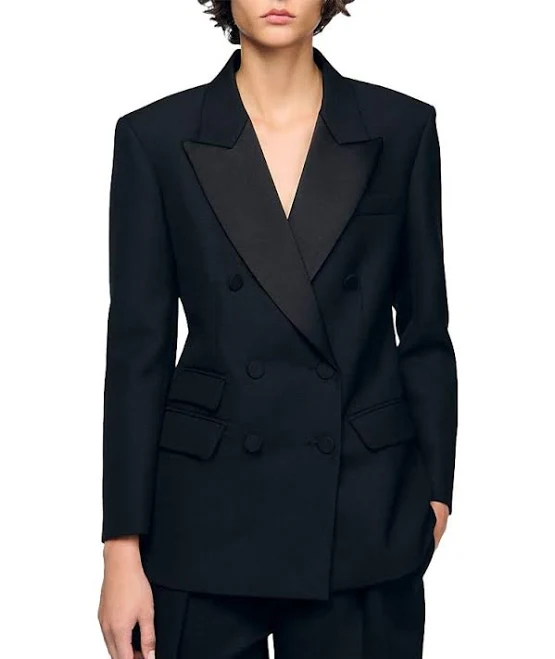 outerwear Sandro Moncea Satin Lapel Women Blazer - Black Editorialist $690