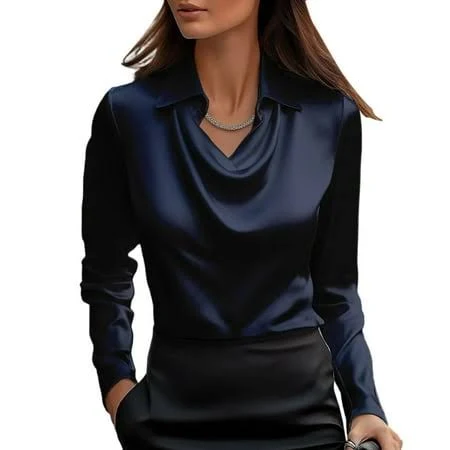 top Satin Blouses for Women Dressy Business Casual Tops Elegant Cowl Neck Long Sleeve Work Shirt Walmart - mohiass $8.99