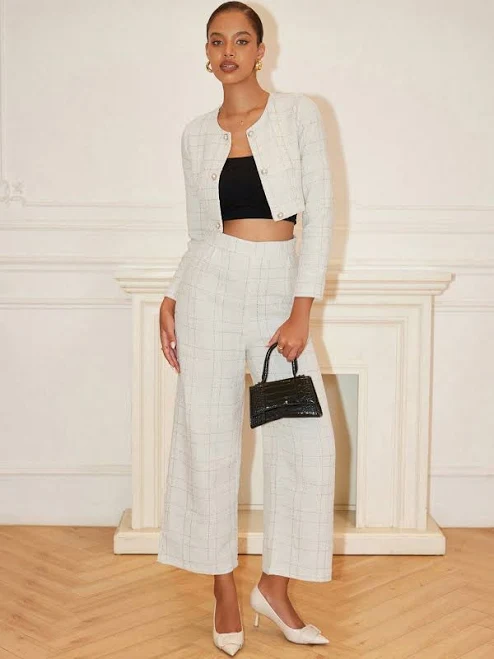 outfits SHEIN Women's Versatile Commuter Round Neck Short Cropped Plaid Suit Set Shein $29.39