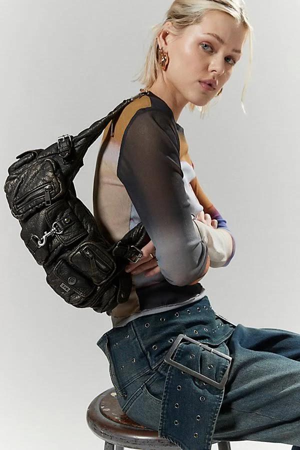 bag Silence + Noise Emily Washed Faux Leather Shoulder Bag in Black, Women's at Urban Outfitters Urban Outfitters $60