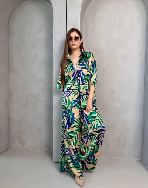 matching set Silk Satin Leaf Print Shirt & Pants Set Etsy - UAchoice $190.83