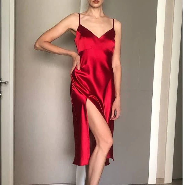 dress Silk Satin Midi Length Slip Dress with Side Slit Etsy - Seller $135