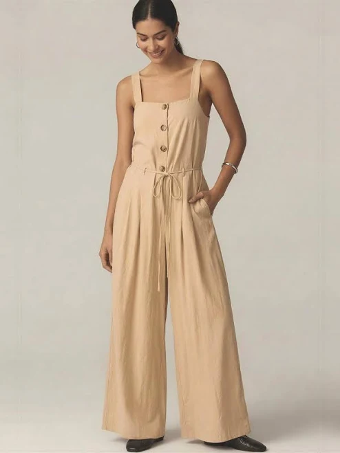 jumpsuit Sleeveless Button Front Tie Waist Pleated Wide Leg Jumpsuit New York & Company $54.99