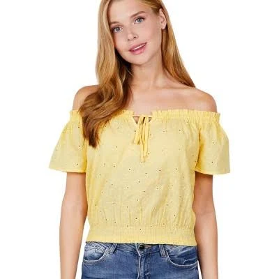 off-shoulder top Slickblue Off The Shoulder Woven Top with Smocked Hem Target $22.99