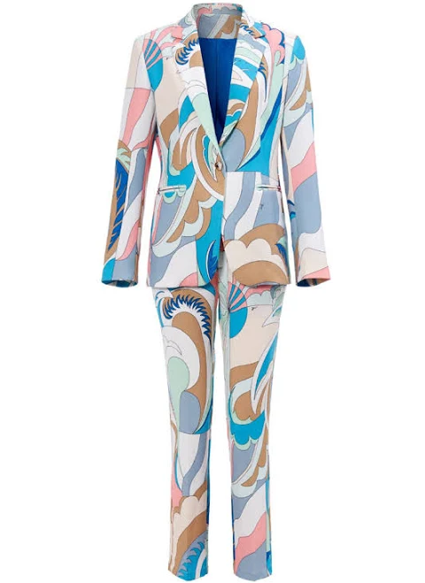 matching set Smart Casual Abstract Print Lapel Cinch Waist Skinny Print Two Piece Blazer Set Blue / L Unboundgo $139.9
