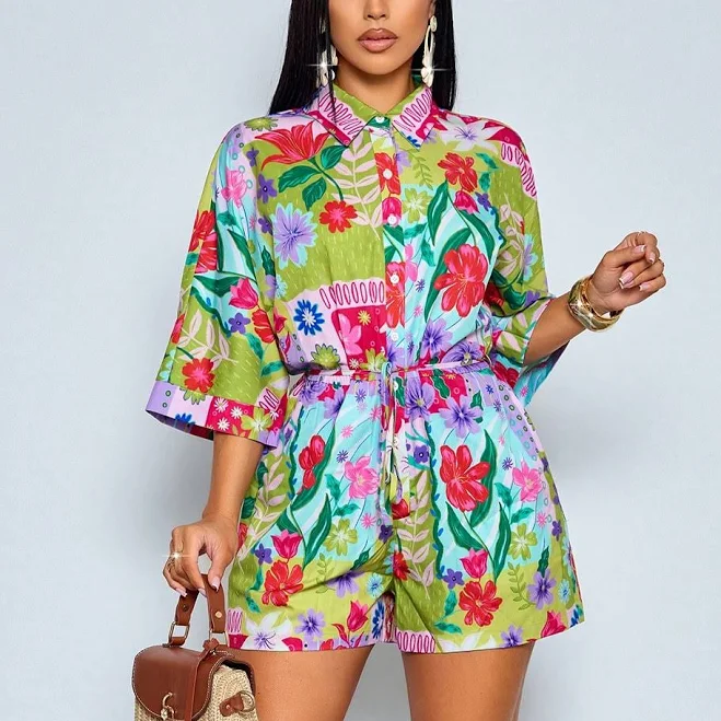 jumpsuit Solersun Women's Tropical Print Batwing Short Sleeve Belted Loose Fit Jumpsuit Shein $16.33