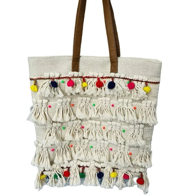 bag Sonoma Women’s Large Canvas Tote Purse Cream Multi-color Pom Pom eBay $16.2