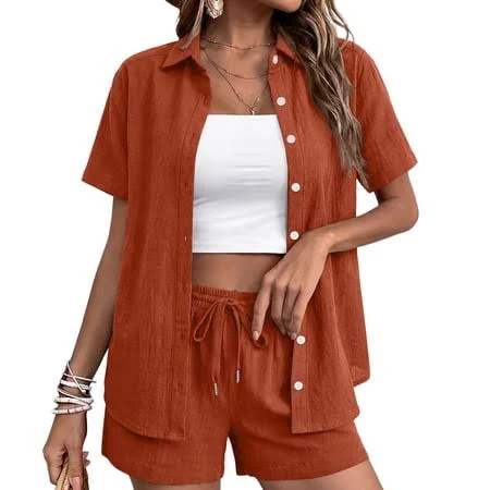 matching set Stichou Linen Shorts Sets Women 2 Piece Outfits Linen Button Down Shirt Casual Shorts Matching Sets Boho 2026 Summer Beach Outfits Orange XL, Women's Walmart - Zhang Weihang $25.99