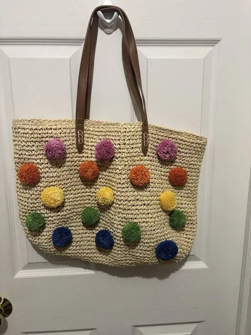 bag Straw Tote Beach Bag With Colorful Pom Poms eBay $4