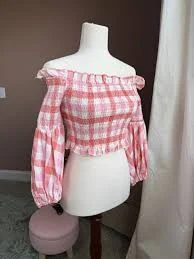 crop top Suboo Pink Gingham Off-Shoulder Smocked Cropped Blouse Balloon Sleeve 4US S eBay $26