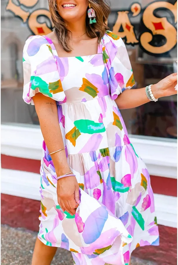 dress Sunny Angela Abstract Print Puff Sleeve Smocked Back Midi Dress TikTok Shop $40