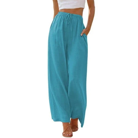 pants Temofon Pants for Women Wide Leg Linen Pant Casual Palazzo Summer Flowy Pants with Pocket Walmart - TEMOFON $17.97
