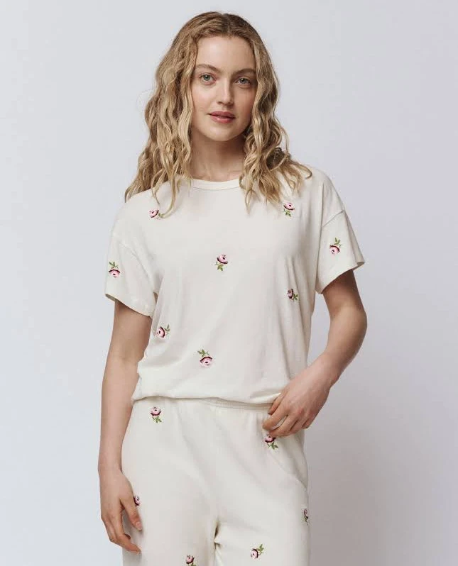 top The Great The Boxy Crew with Embroidered Roses in Washed White thisisthegreat.com $116