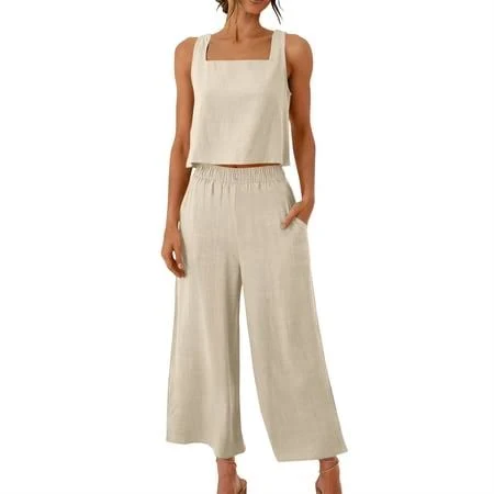 matching set Tooayk Women's Sleeveless Square Neck Cotton Linen Lounge Set with Pockets Walmart - Tooayk $24.39