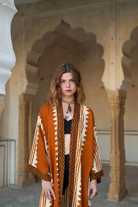 outerwear Tribal Graphic Midi Kimono - Earth Tones, Black & White and Maroon accent Bold Tribal Printed Rayon Wrap with Pockets and Sash Etsy - studioCLRS $95