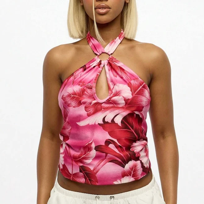 top Tropical Floral Halter Cross-Front Crop Top missguided $8.92