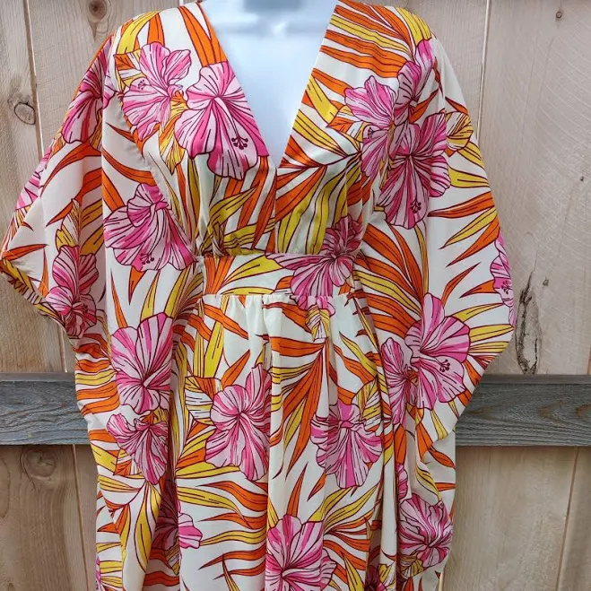dress Tropical Palm Leaf and Hibiscus Caftan Volcano Designs $116.55